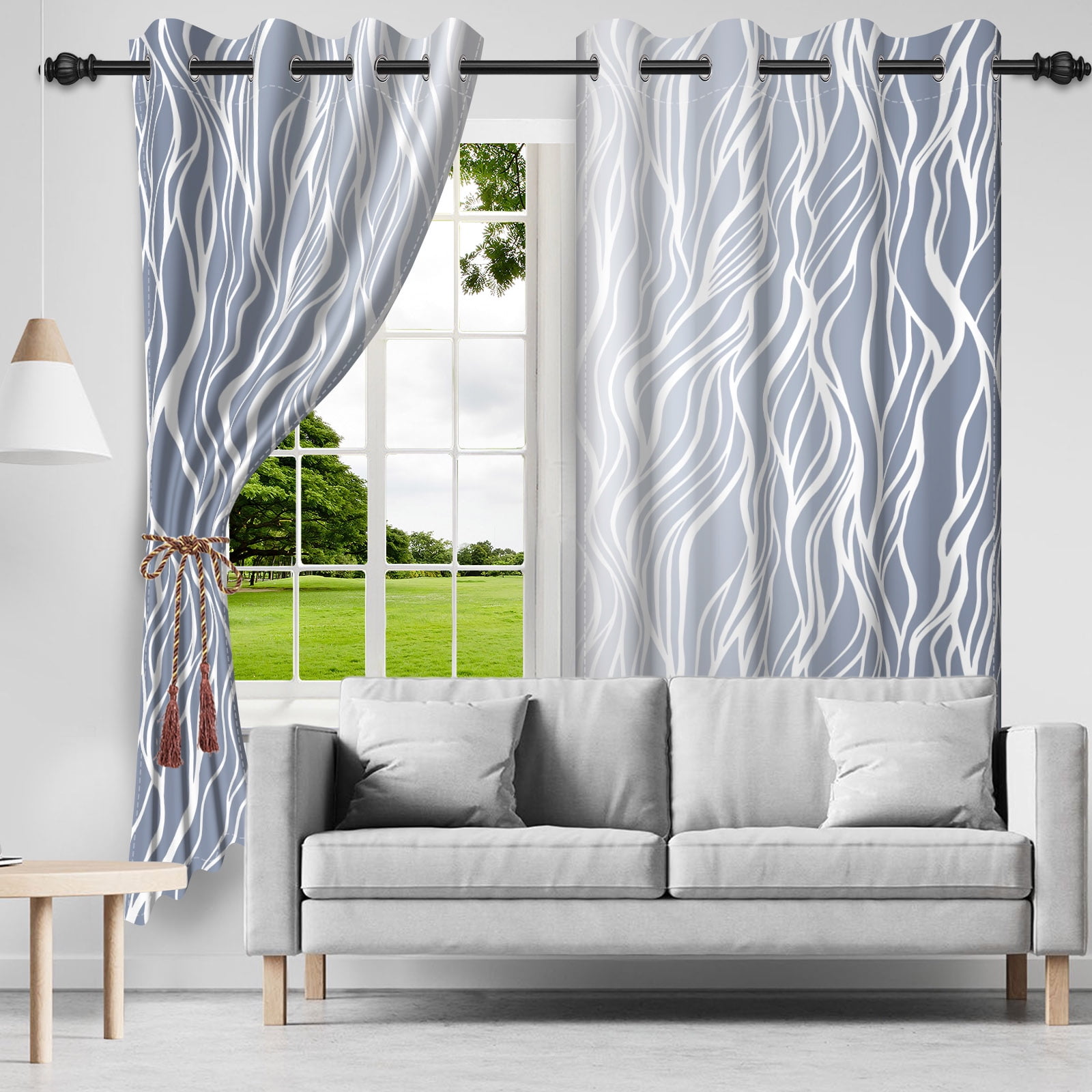 Nanqianyi Light Grey Blackout Curtains 42 X 63 Inch Length 2 Panels, White Wave Line Ombre Thermal Insulated Drapes for Bedroom, Living Room