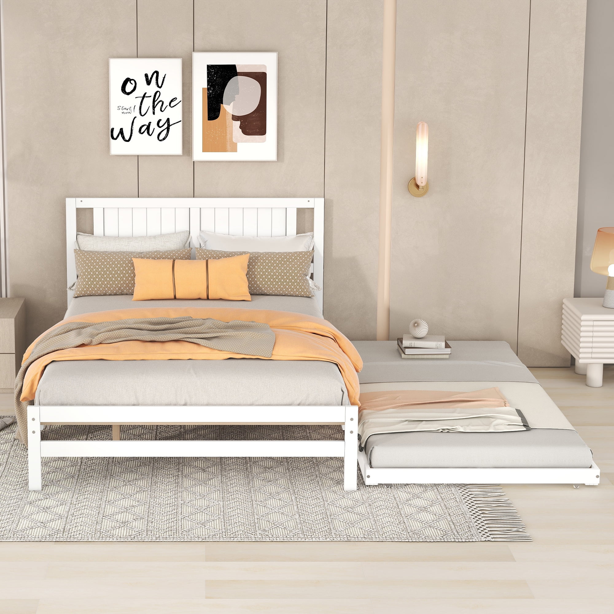 Euroco Pine Wood Full Bed with Twin Trundle, Convertible Beds, White