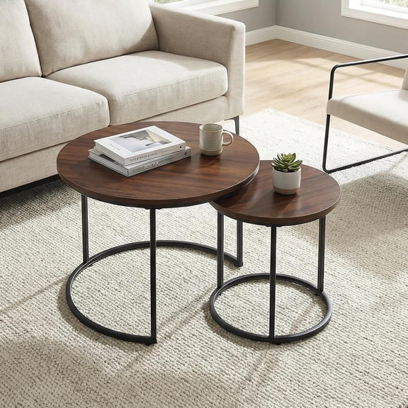 Round Nesting Coffee Table Set of 2, Modern Marble  Wooden Nesting Tables, Stacking Minimalist End Table for Living Room Bedroom Small Space,  Brown and Black