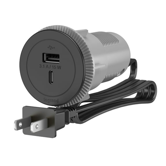 Legrand Plug-In Charger,2.0" H x 2.0" W x 3.3" D RFPCUAUC-BK10