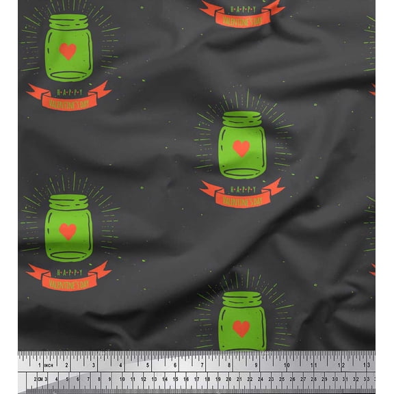 Soimoi Green Japan Crepe Satin Fabric Jar & Happy Valentine Day Text Print Sewing Fabric Yard 42 Inch Wide