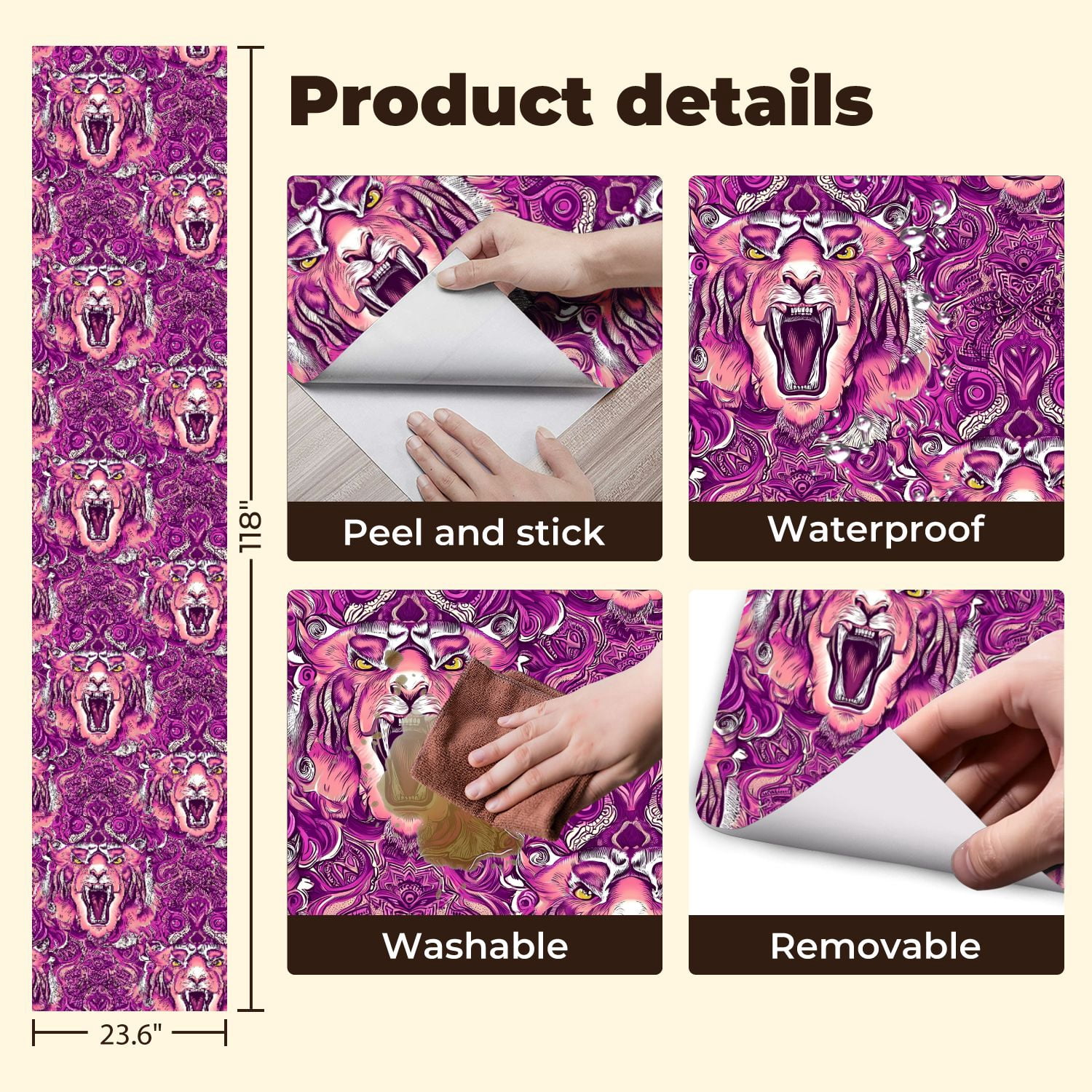 Peel and Stick Wallpaper Bold Tiger Face Pink Purple Mandala Wall Mural 23.6in x 9.8ft Self Adhesive Removable Wall Paper Renter Friendly Wallpaper for Nursery Bedroom Cabinets