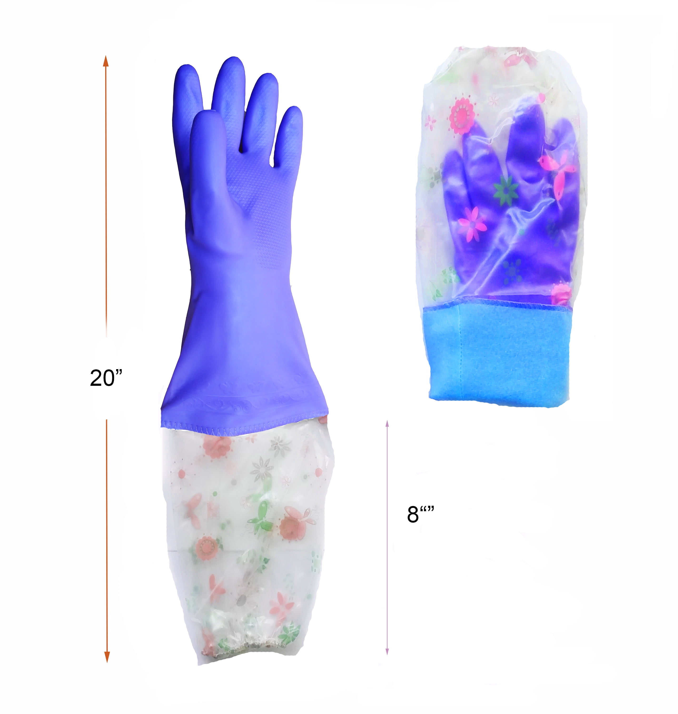 PU rubber Wash Cleaning Gloves, plush lined long sleeve Blue (2 pairs