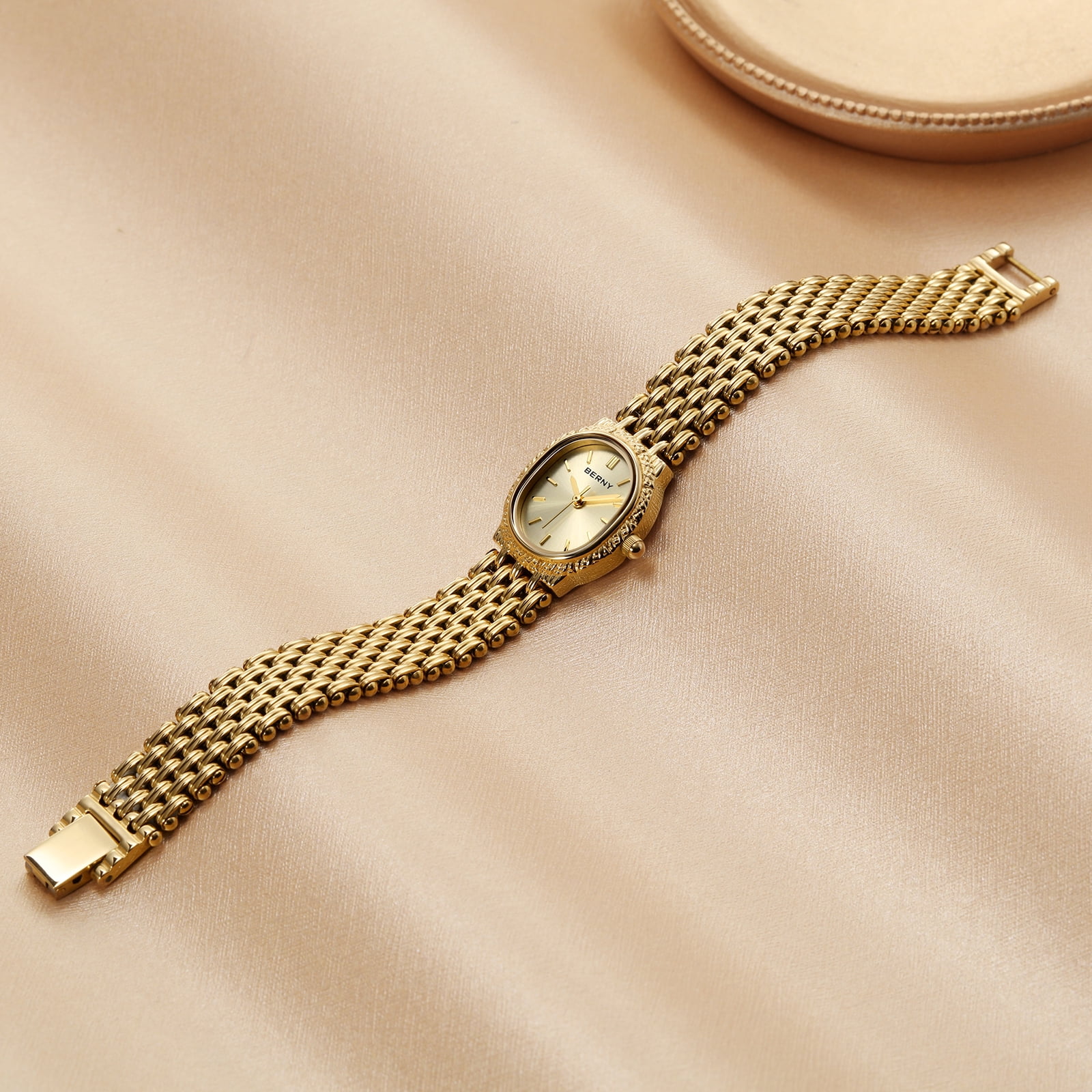 BERNY Small Gold Watches for Women, Dainty Vintage Oval Dial Stainless Steel Bracelet Watch, Adjustment Tool Included, Waterproof, Minimalist Luxury Ladies Analog Quartz Wrist Watch (Gold)