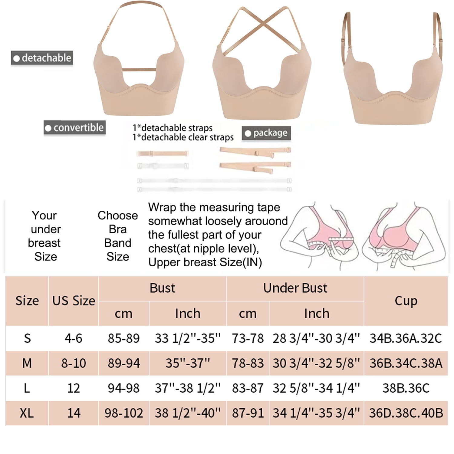 COMFREE Women's Backless Shapewear Bra U Plunge Seamless Low Back