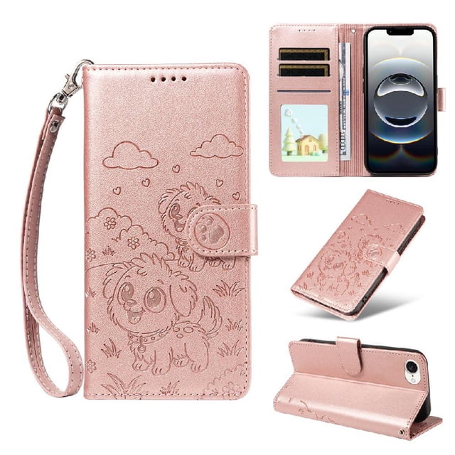 Funda Cartera GANGXUN con Diseño de Perrito en Relieve para iPhone 16e , Protección 360° con Ranuras y Correa Desmontable