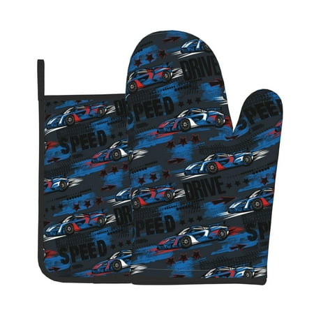 

Junzan Blue Sports Car Pattern Oven Mitts and Pot Holders 2 pcs Set Potholders BBQ Gloves Long Kitchen Oven Glove for Cooking Baking Grilling (2-Piece Set 11 Inch)