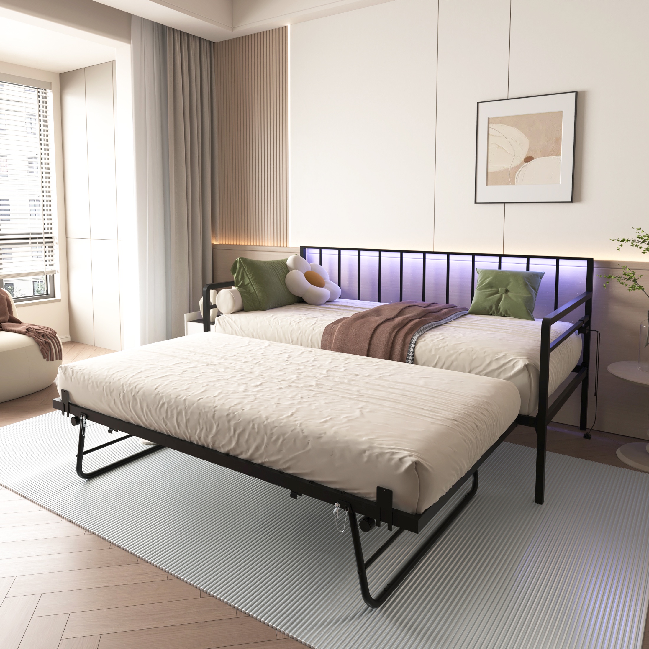 PORKISS LED Twin Daybed with Trundle, Metal Frame, Charging Station, Twin Size Bed Frame, No Box Spring Needed, Black