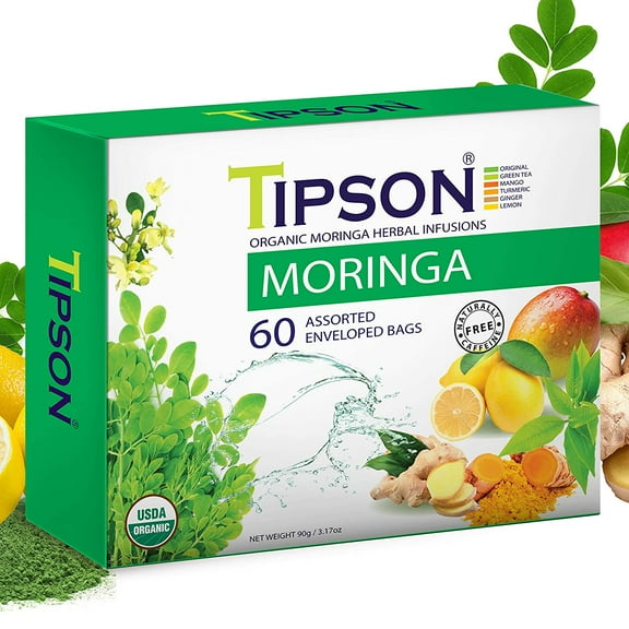 Tipson Organic Moringa Tea - 6 Assorted Flavors - 60 Foil Enveloped Double Chambered Bags - Antioxidant Superfood - Caffeine Free - NonGMO - Gluten Free