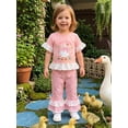 thumbnail image 5 of BemeyourBBs Toddler Baby Girl Silly Goose Outfits Infant Baby Girls Spring Summer Fall Clothes Goose Themed Print Lace Patchwork Short Sleeve Shirt Tops and Plaid Flared Pants 2 Pcs Set, 5 of 8
