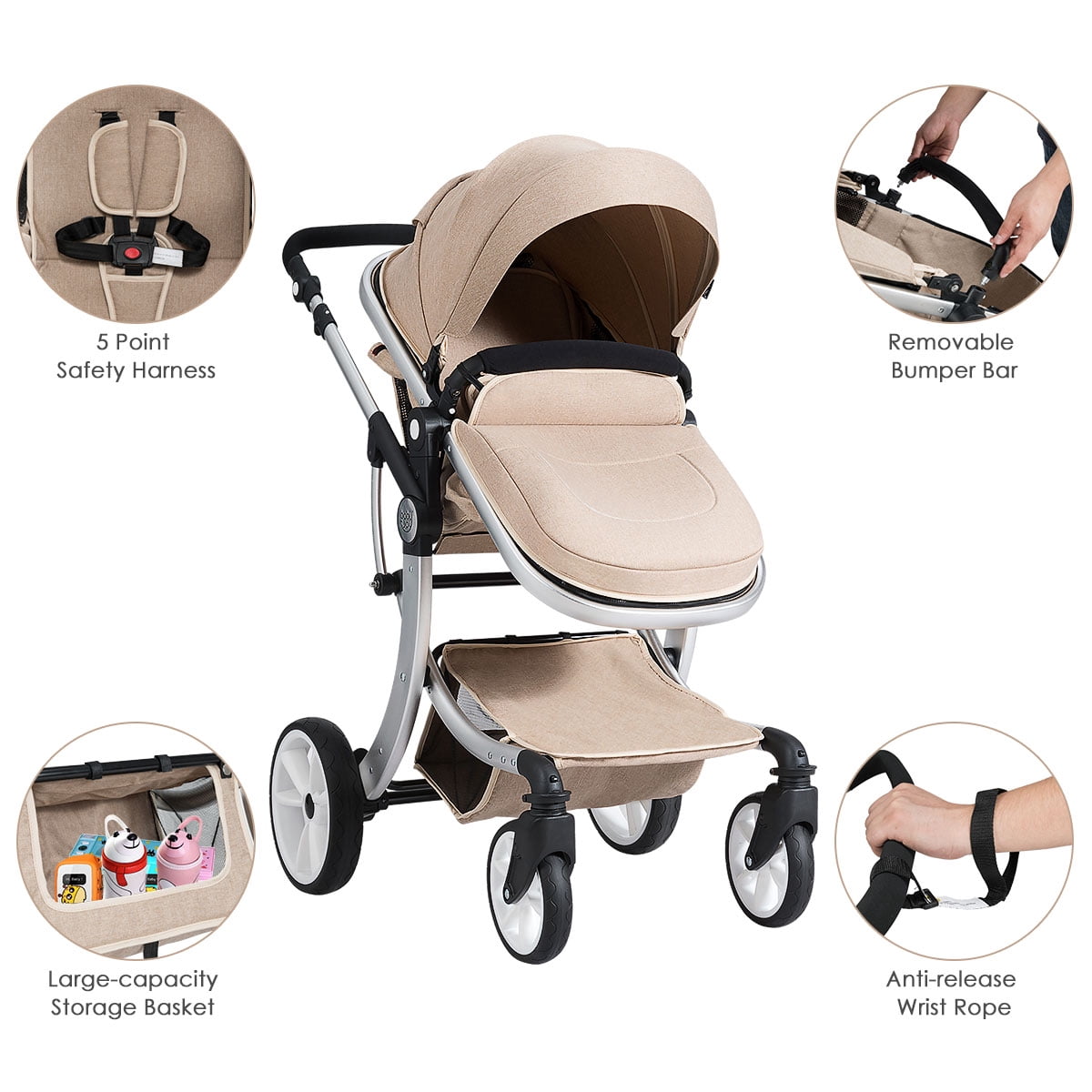 Infans Aluminum Infant Reversible Outdoor Foldable Stroller W/Diaper Bag Beige