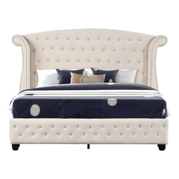 Pemberly Row Crystal Tufted Modern King Bed made with Wood in Cream