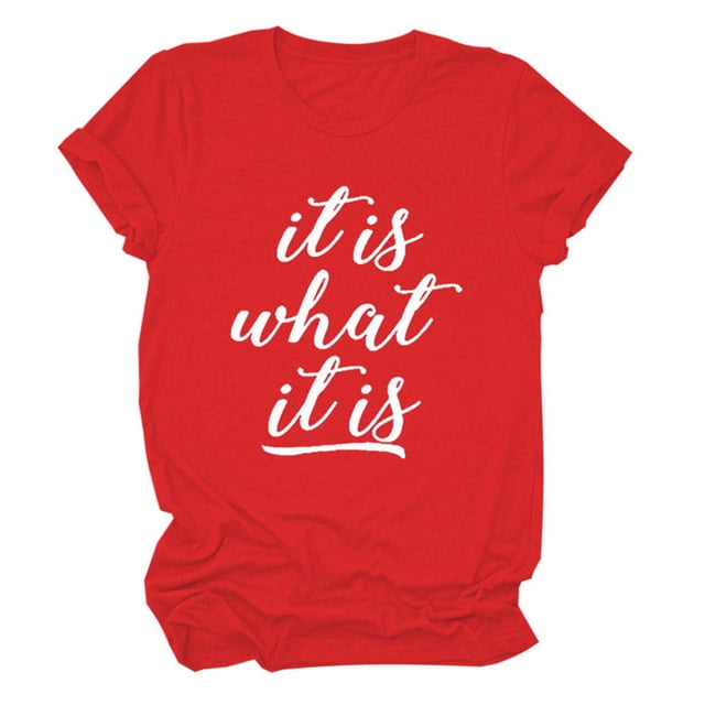 Camisa con estampado de letras, cuello redondo, manga corta, informal, suave, de gran tamaño, con estampado de letras, top de verano para mujer, rojo (letra blanca) XL