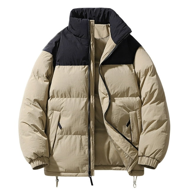 Lovzfmll Men's Color Block Puffer Jacket Stand Collar Heavyweight Quilted Zip Up Khaki, XL