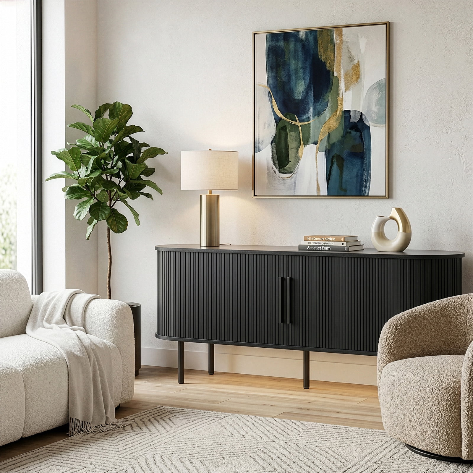 Embossed Particle Board TV Stand, Oval Tabletop 147x35x58cm, Entertainment Center with Slatted Sliding Doors, Modern Media Console Cabinet for Living Room, Black