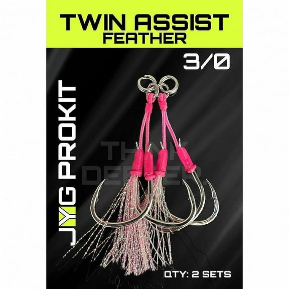 JYG Pro Fishing Twin Assist Hooks w/ Feather, 1/0, Pink