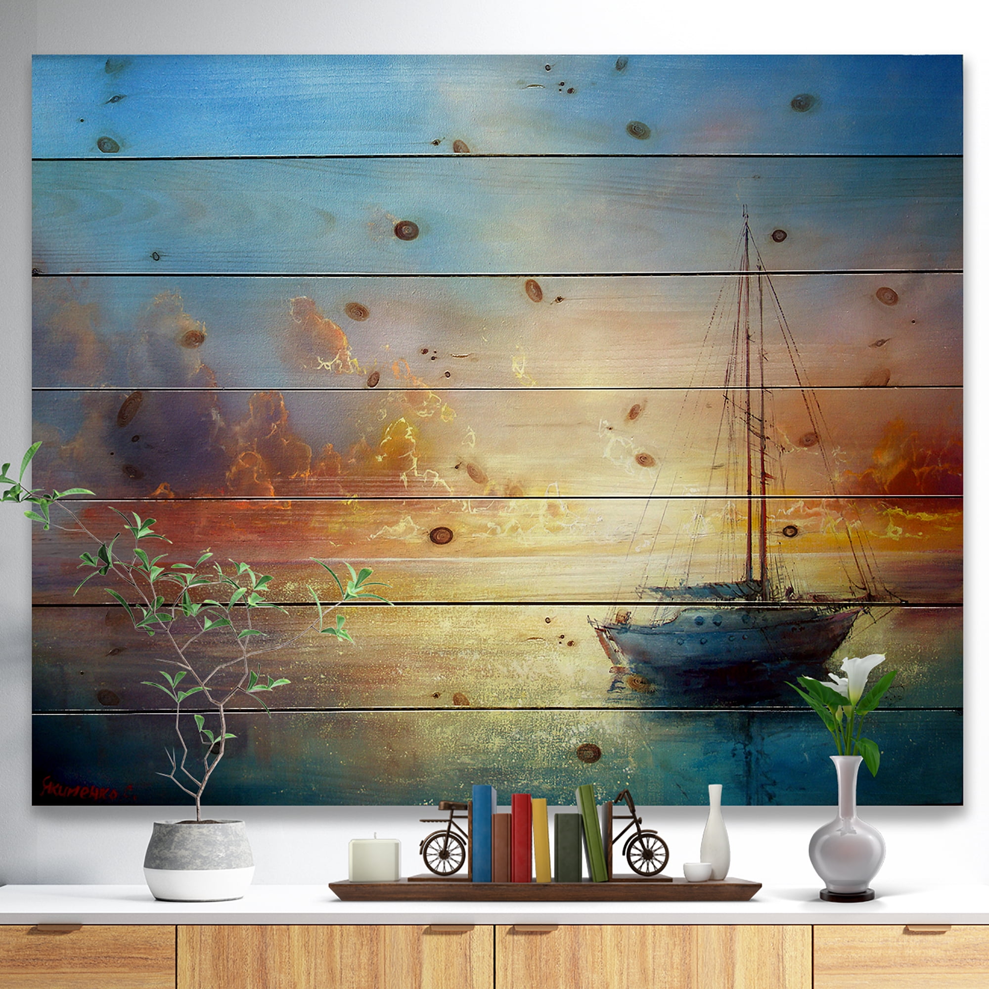 Designart Seascape Pier Seashore Print on Natural Pine Wood Art Print, 20" x 12"