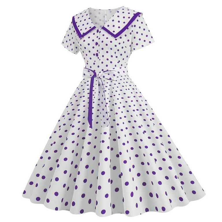purple 1950s style dress XFLWAM Vintage Women 1950s Lapel Button Down Rockabilly Knot Front Swing Dress  50s Retro Hepburn Style A-Line Dresses Purple S
