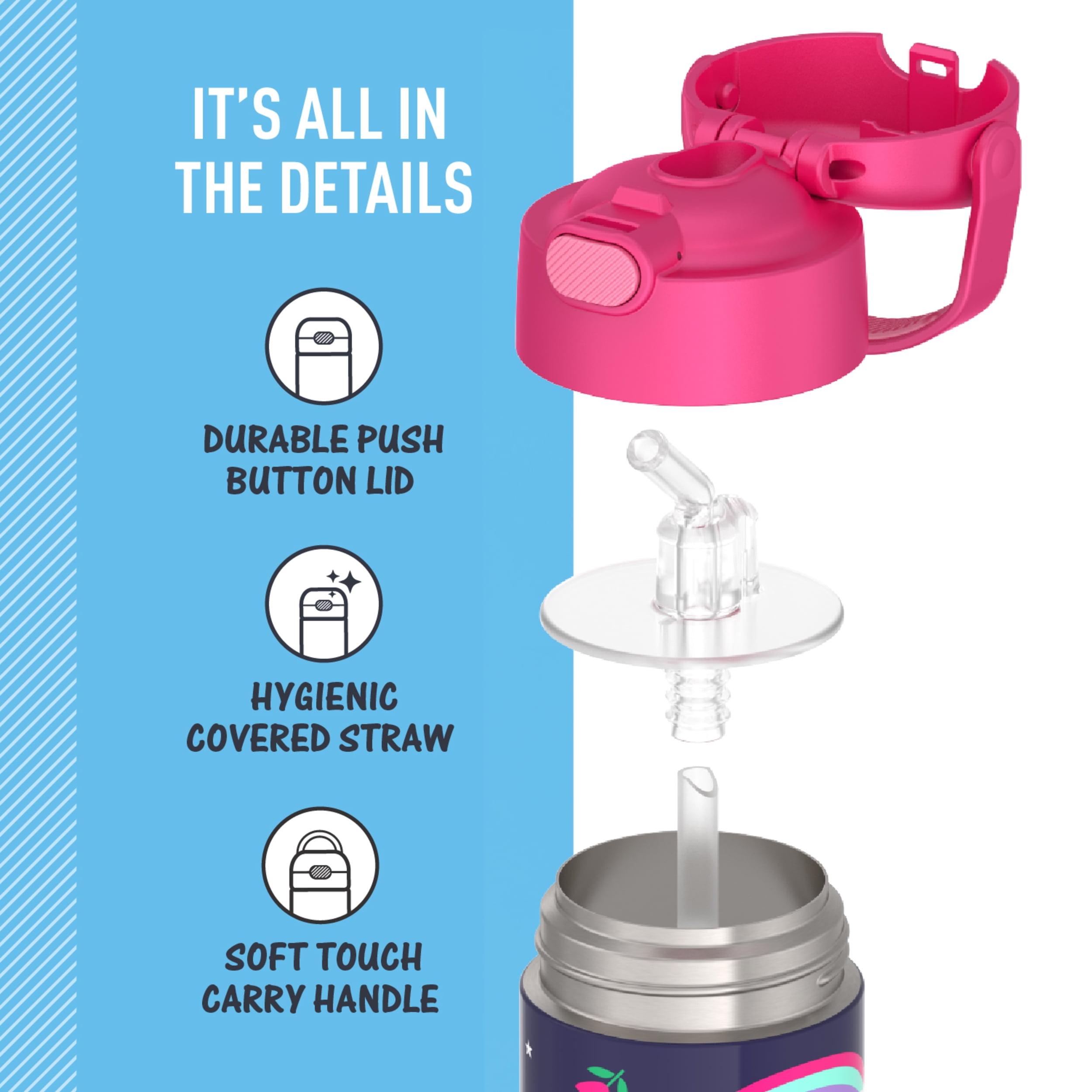 Thermos Kids Stainless Steel Funtainer Water Bottle with Straw, Dishwasher Safe, Leak Proof, Unicorn, 14 oz