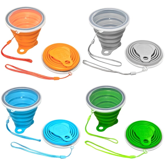 4 Pcs Foldable Silicone Cups, Food-Safe Portable Drinking Cup with Lids, Long-Lasting Pocket Expandable Travel Mugs for Traveling, Camping, Oral Rinse, Gray Green Orange Blue