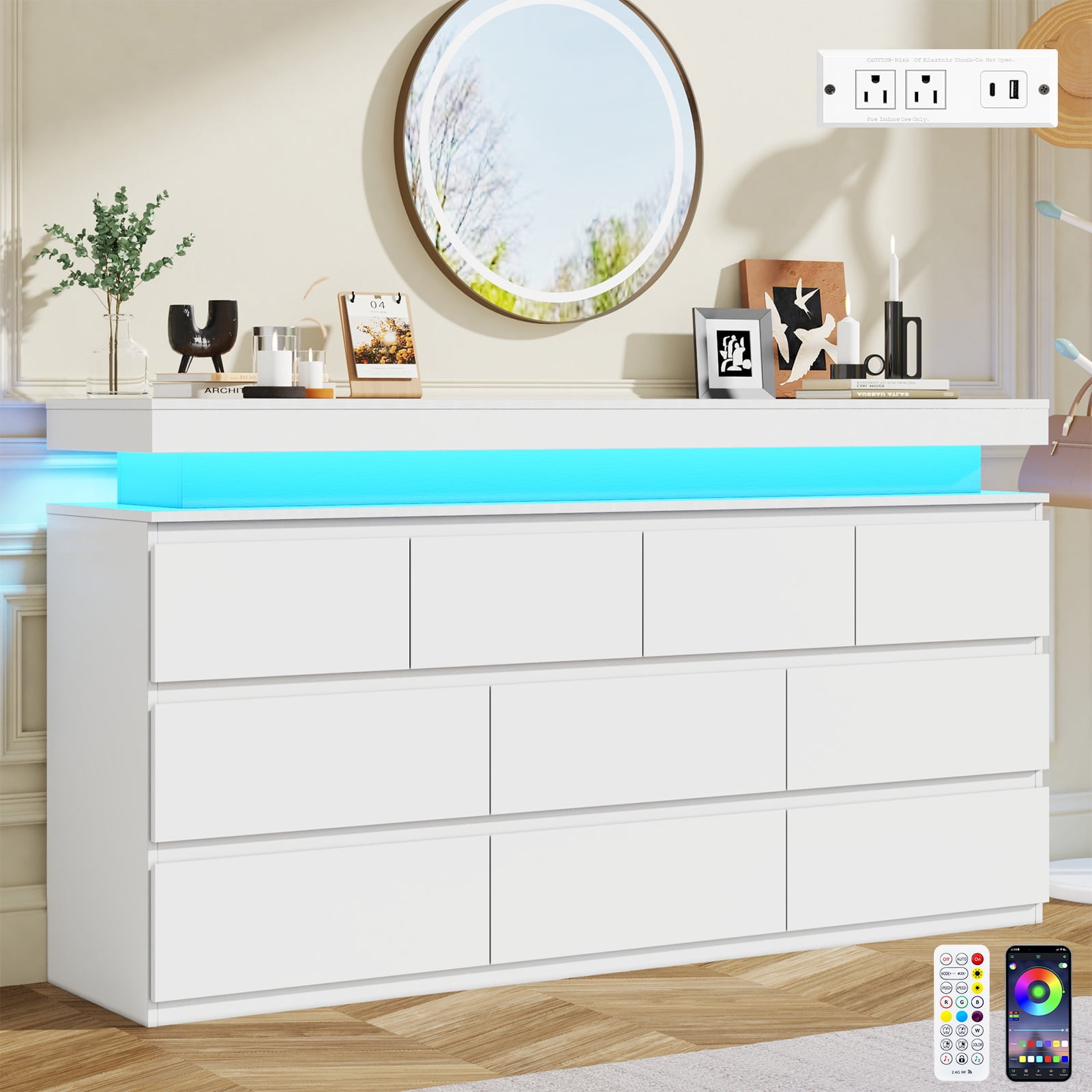ChVans White 10 Drawer Dresser with LED Lights, 63" Wide Modern Wood Chest of Drawers with Charging Station & Handle Free, LED White Dresser for bedroom, Living Room, Entryway, Hallway