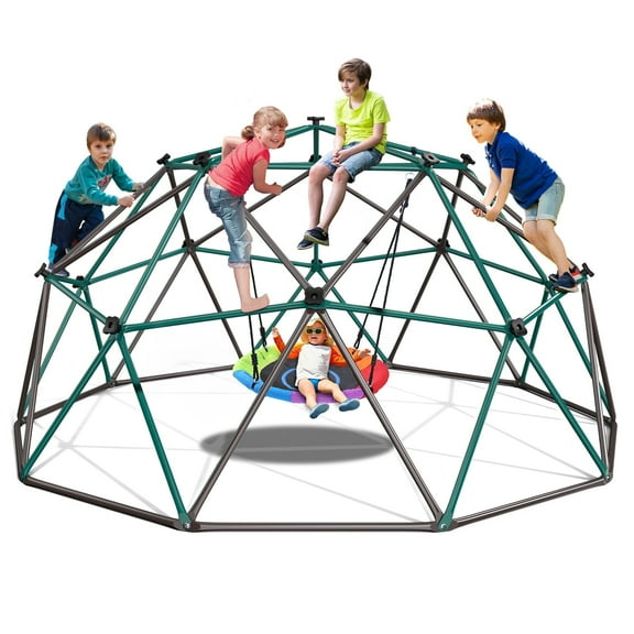 KloKick 10ft Playground Climbers Dome - Kids Jungle Gym with Swing, 800lb Capacity, Rust-Resistant(Green)