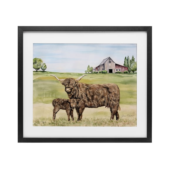 Highland Cow And Calf Black Framed Print Under Glass, design by Jean Plout