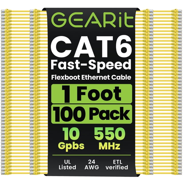 Cable Ethernet Cat6 GEARit de 1 pie, paquete de 100, 10 Gbps, amarillo