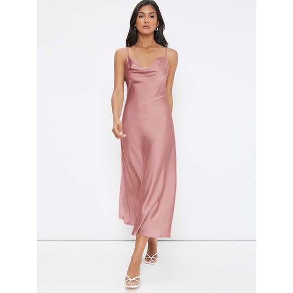 Dusty Pink Draped Cowl Neck Satin Slip Dress, Long Sleeveless Camisole For Evening Or Wedding Guest