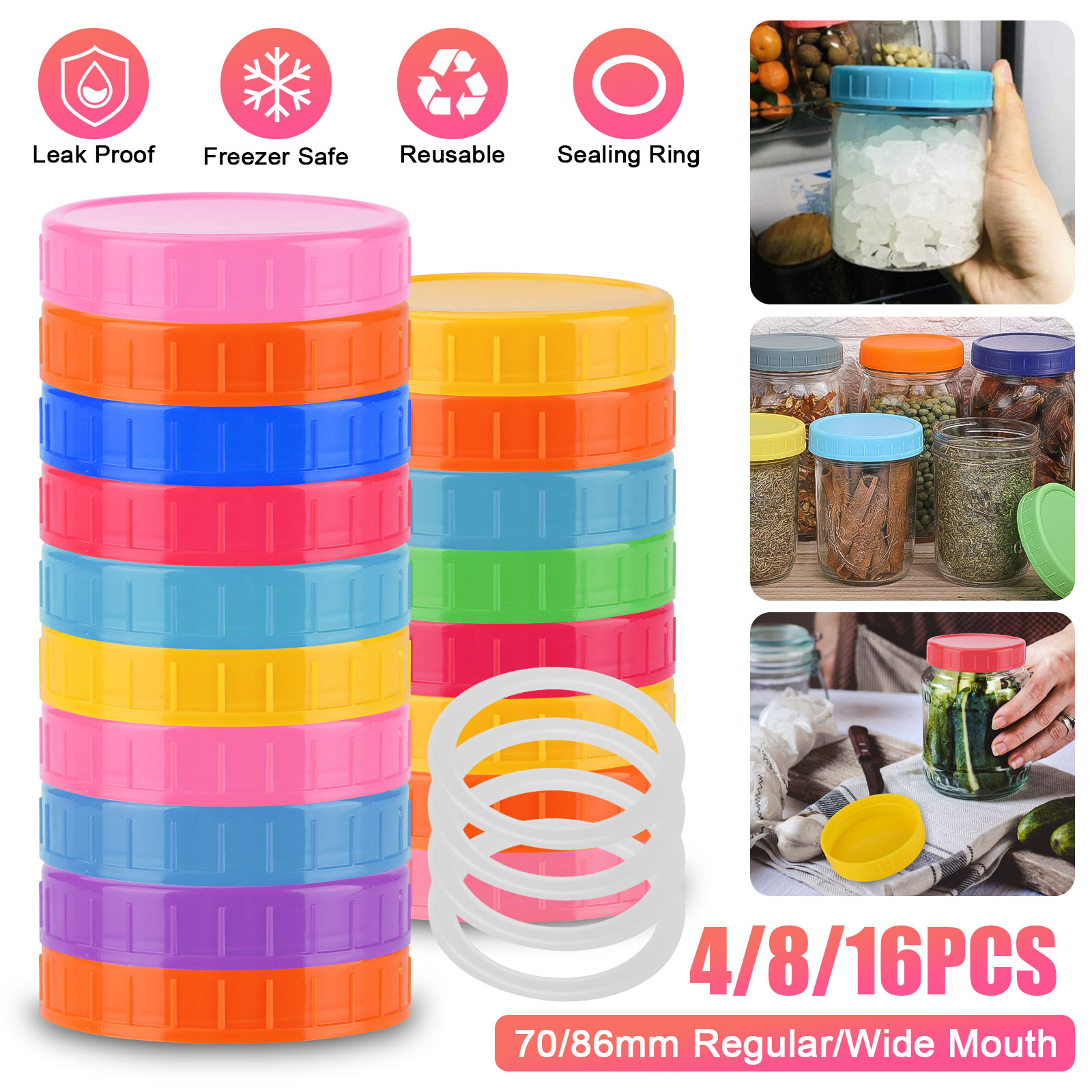 4Pcs Leakproof Plastic Storage Lids Cap w//Seal Ring Gasket For Mason Jar Canning