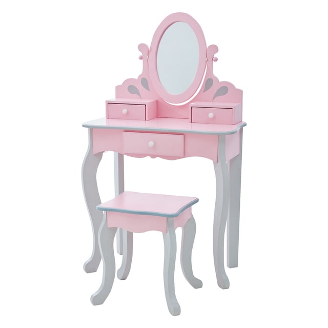 Teamson Kids Play Vanity Set Wooden Dressing Table with Mirror & Stool Pink/Grey