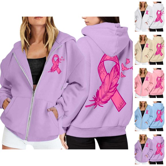Breast Cancer Awareness Zip Up Hoodie Women Long Sleeve Jackets for Women Pink Ribbon Hooded Sweatshirts