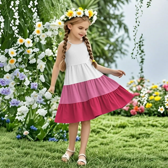 Pisexur Robes Fille Robes Mignonnes pour Filles Robe d'Été Bohème Sans Manches à Bretelles Smockée à Volants Rose Vif,11 Ans