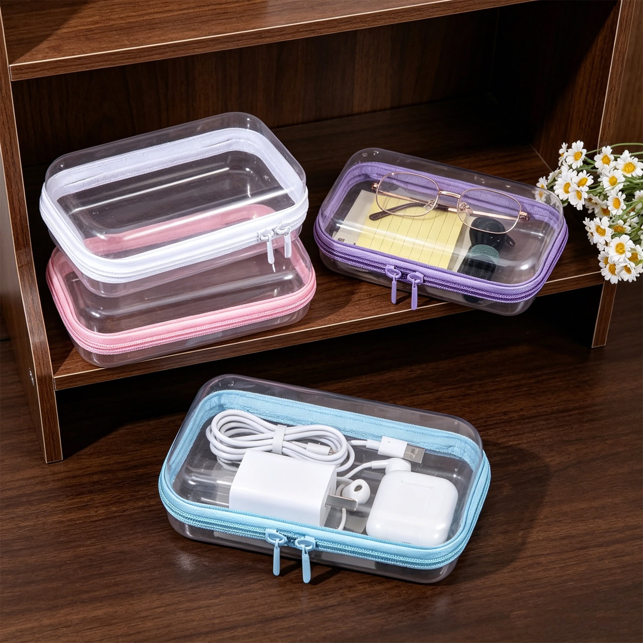 Topboutique 4 Pcs Hard Clear Zipper Case,Hard Shell Zipper Case, Hard Sided Pencil Case,Travel Makeup Bag,Toys Puzzles Organizer,Plastic Storage Box for Makeup Building Blocks,Multicolor,Small