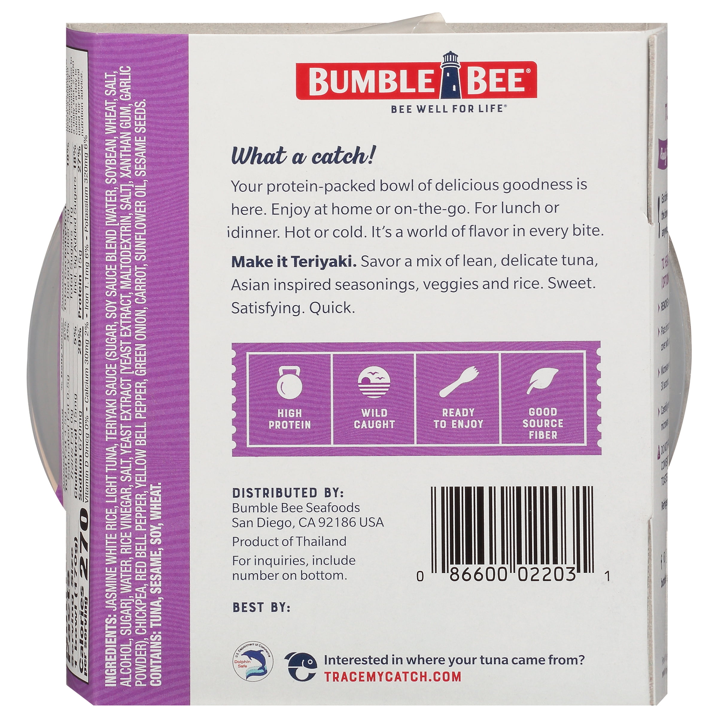 (6 pack) Bumble Bee Quick Catch Teriyaki Flavored Tuna and Rice Bowl, Wild Caught Light Tuna, 15g Protein Per Serving, Ready to Eat, Shelf Stable Bowl, 6 oz
