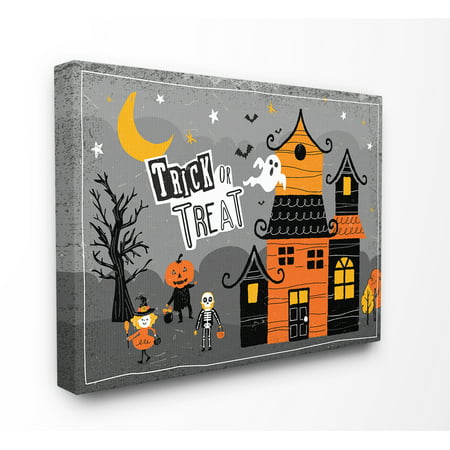 The Stupell Home Decor Collection Black Orange and Grey Trick Or Treat Haunted House Scene Ghosts Moon Pumpkins Bats Stretched Canvas Wall Art, 16 x 1.5 x 20