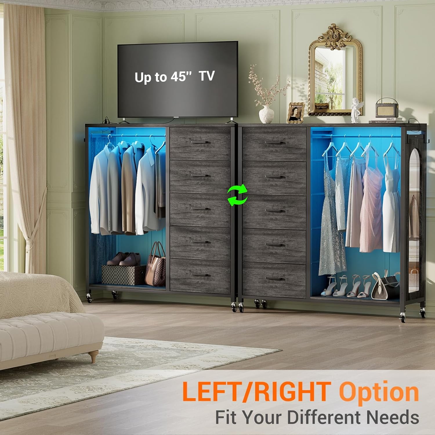 Homieasy Dresser for Bedroom with Clothes Rack & Mirror, Black 5 Drawers Dresser with Charging Station & LED Lights, Rolling Chest of Drawers with Wheels, Full Length Mirror, Wooden Top