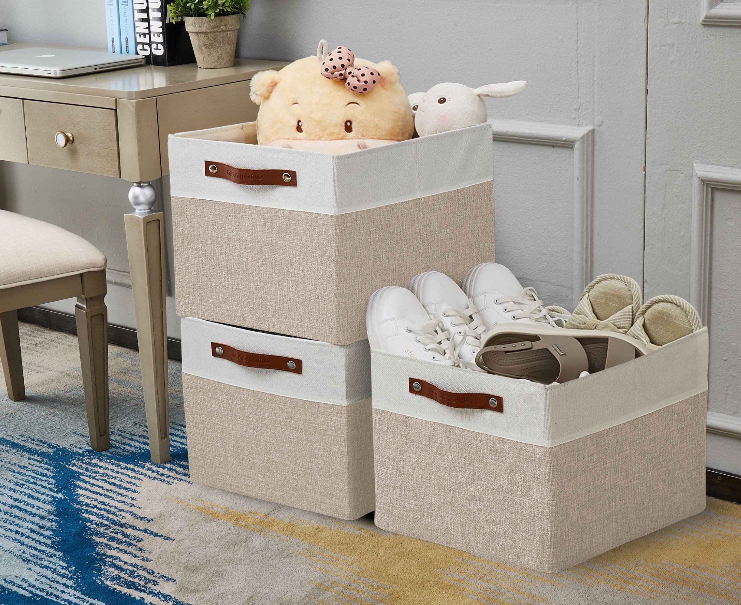 DECOMOMO Fabric Storage Baskets 13" x 15" x 13" Collapsible Storage Bins (Beige and White, Set of 3)
