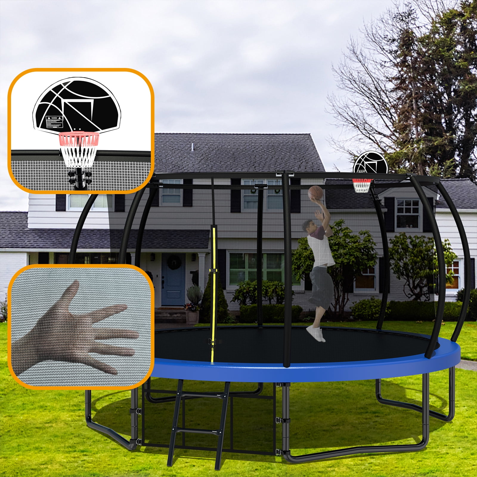 EUROCO Outdoor Trampoline with Basketball Hoop & Two-Step Stairs, 10FT 12FT 14FT 15FT 16FT Trampoline for Adults and Kids