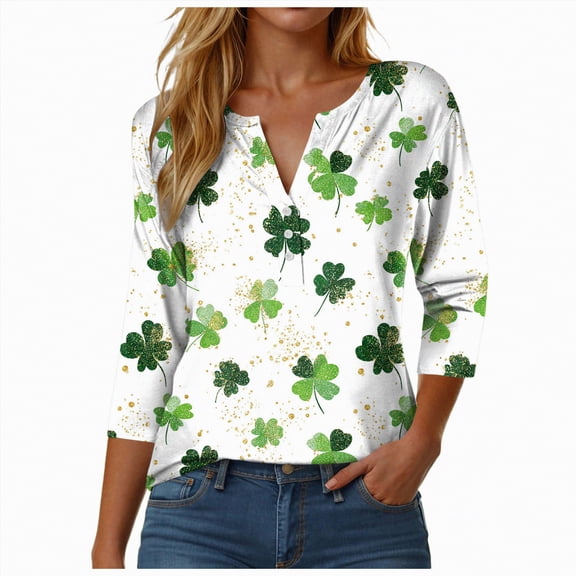UngA St Patrick's Day Shirt Women Plus Size Funny V Neck 3/4 Sleeve Tops Shamrock Graphic Tshirt Irish Shirts Outfit,Size M
