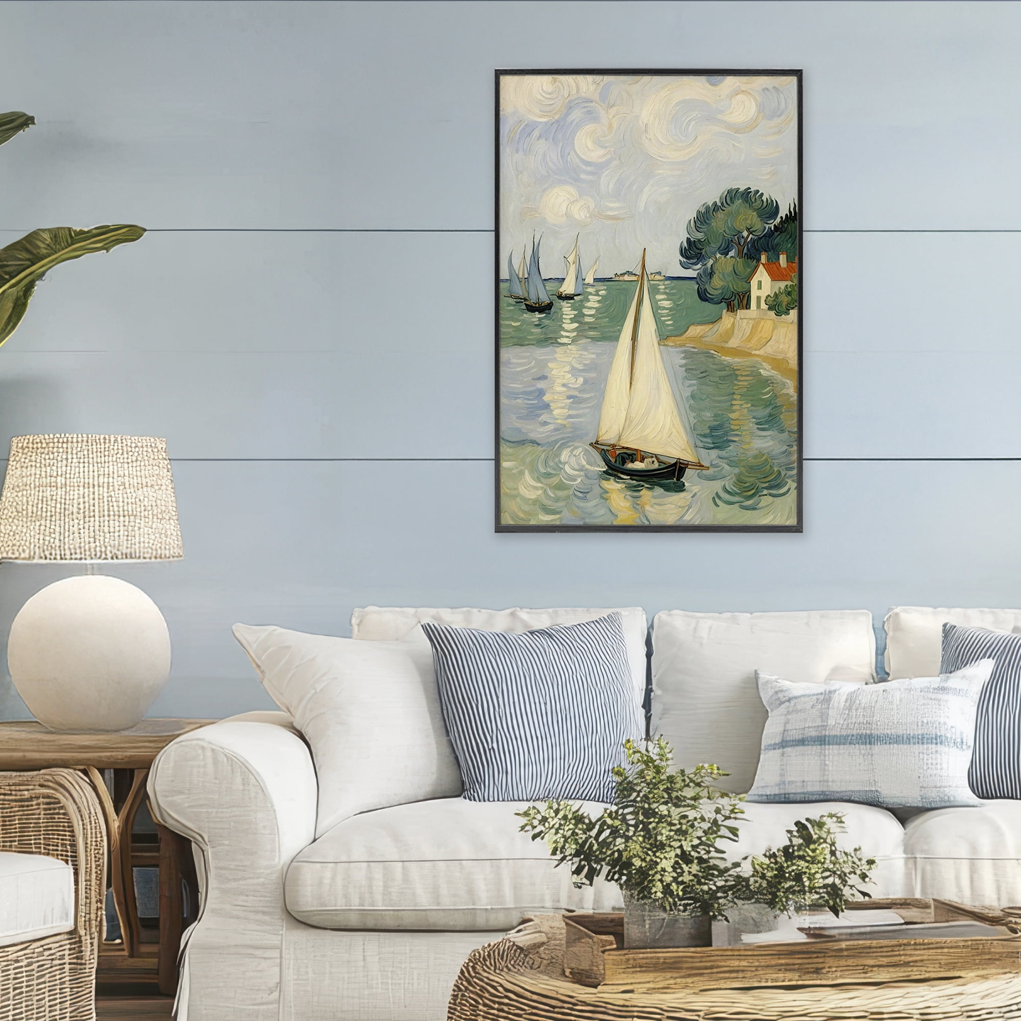 Stupell Industries Coastal Sailboats Under Swirling Clouds Black Framed Giclee Art, design by Angie Hawke