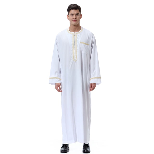Ceisia Men's Long Sleeve Solid Color Robe Loose Fit Full Length Thobe with Embroidery for Ramadan White S Gifts