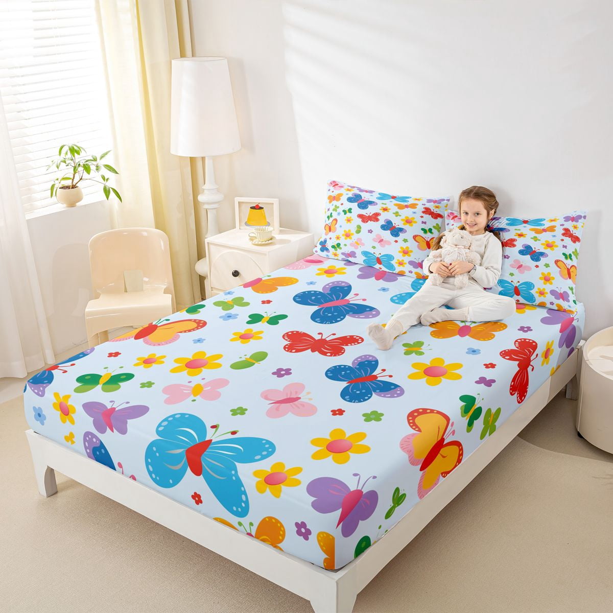 Homewish Multicolor Butterfly Printed Twin Sheet Sets,Rustic Flower Floral Twin Fitted Sheet,Blue Orange Flat Sheet For Girl Kids,Luxury Bedroom Decor,3 Pieces