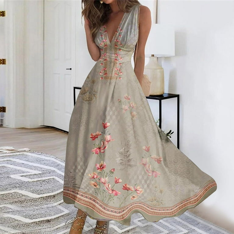 WEANT Cute Dresses for Women Cruise Outfits for Women 2024 Formal Dress Womens Wrap V Neck Sleeveless Print Sundress Summer Flare Tank Dress Khaki L Walmart