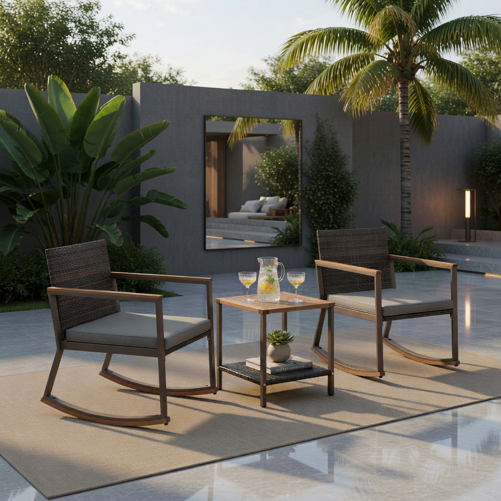 Hommoo 3-Piece Outdoor Rattan Rocking Bistro Set, Cushions, Acacia Wood Coffee Table, PE Rattan Chairs with Ergonomic Design, Gray