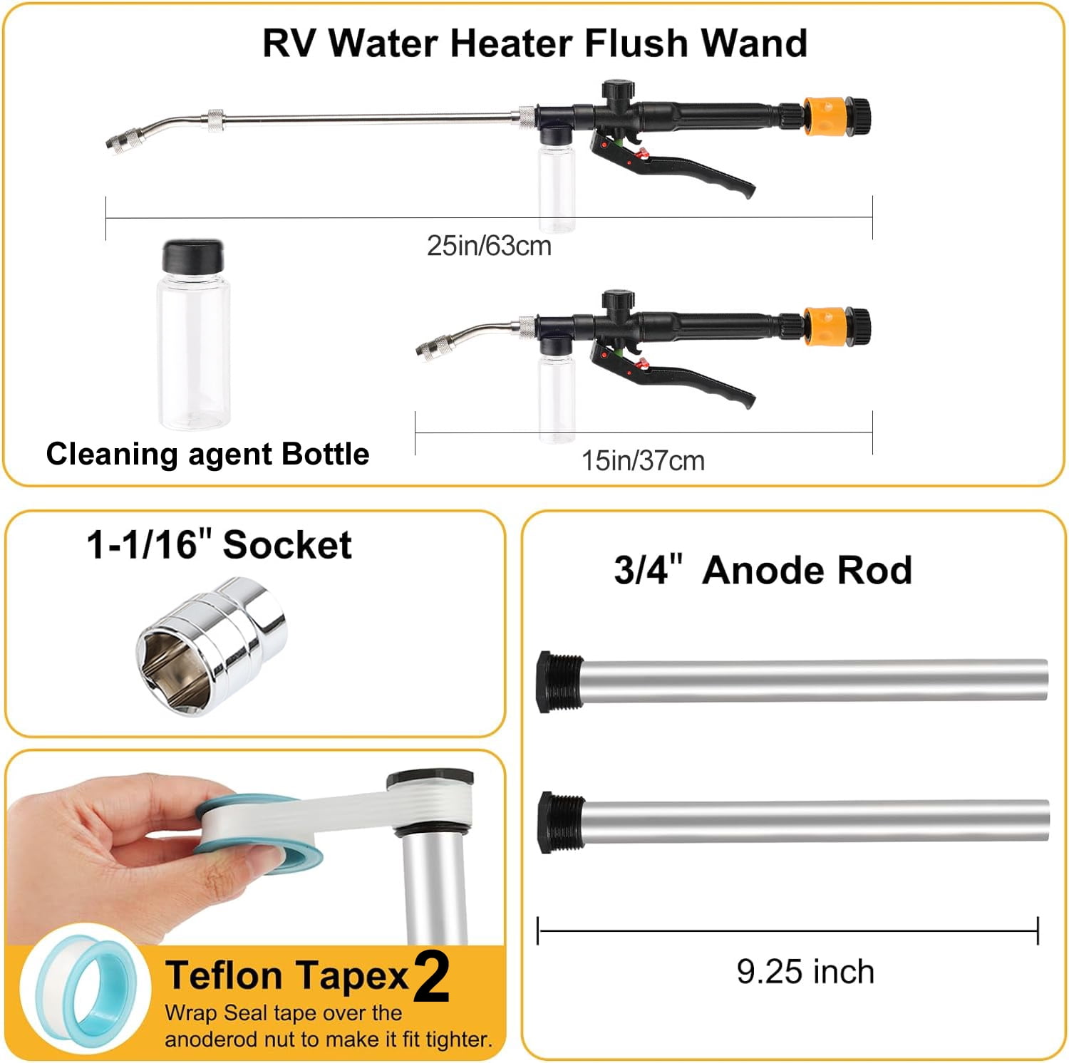 AUTOXBERT Set RV Water Heater Magnesium Anode Rod & Tank Flush Wand Rinser 9.25"L x 3/4"NPT Thread for Suburban 232767