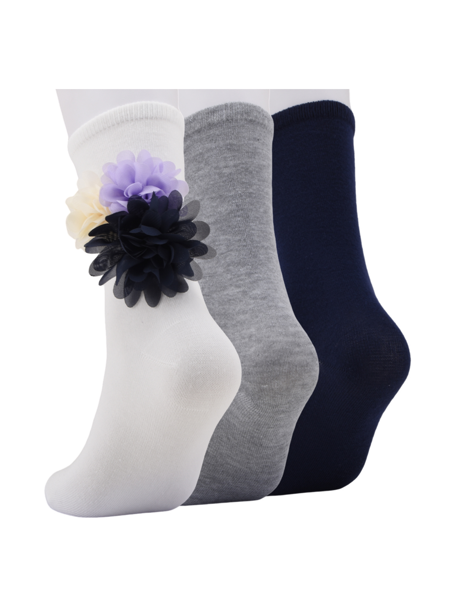 Weekend Academy Girls’ 3-Pack Floral Appliqué Crew Socks Sizes S-L