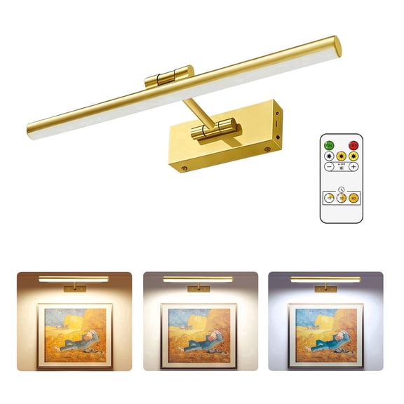 Rechargeable Picture Light, 16" Wireless Picture Light, Battery Powered Wall Lamp whit Remote for Galleries, Paintings Portrait Photos Lighting, Art Display, Wall Decor (Gold)