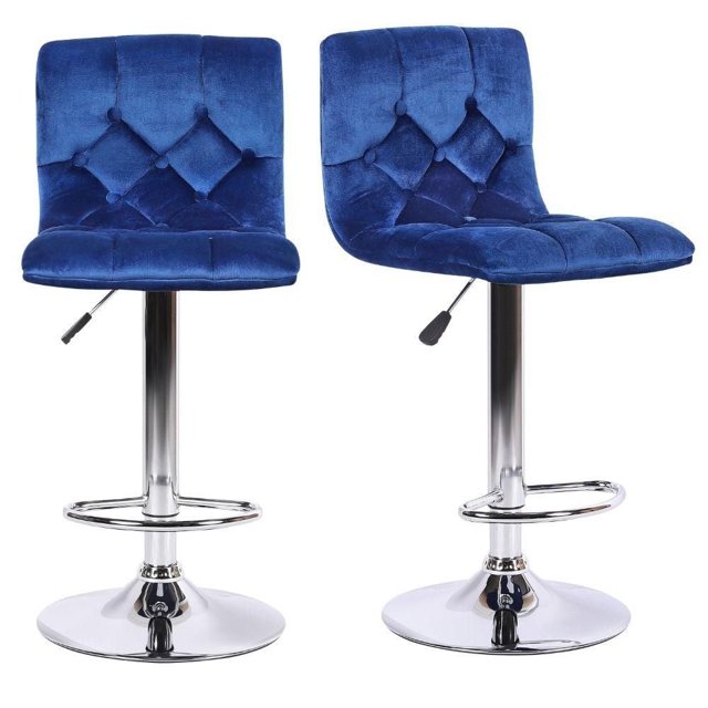 Set of two blue velvet tufted kitchen stools with shiny chrome metal bases, footrests, and adjustable height levers.