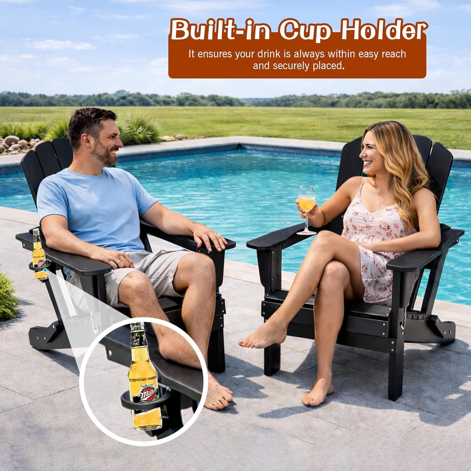 Domi Outdoor Living Folding Adirondack Chair Set of 2, All-Weather HDPE Patio Chair with Cup Holder, Weather-Resistant Fire Pit Seating for Backyard, Deck, Garden & Poolside, Black